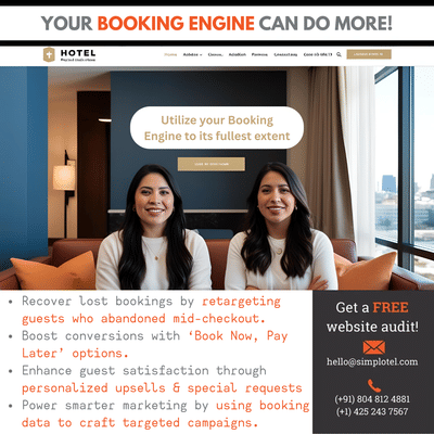 Two women discussing the benefits of an advanced hotel booking engine with a callout to boost direct bookings and guest satisfaction