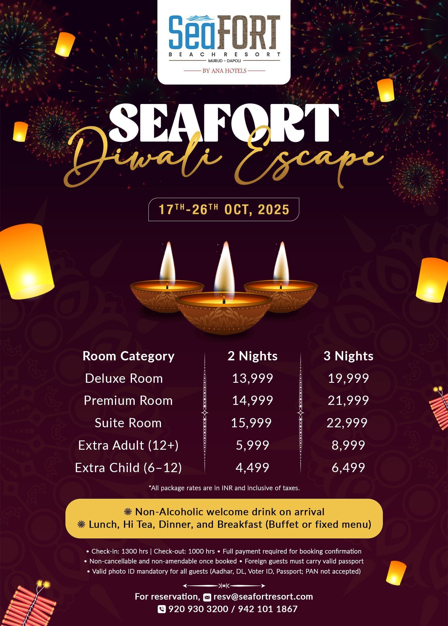 Seafort Beach Resort Diwali package pricing for 2-3 nights with buffet meals and booking details creative