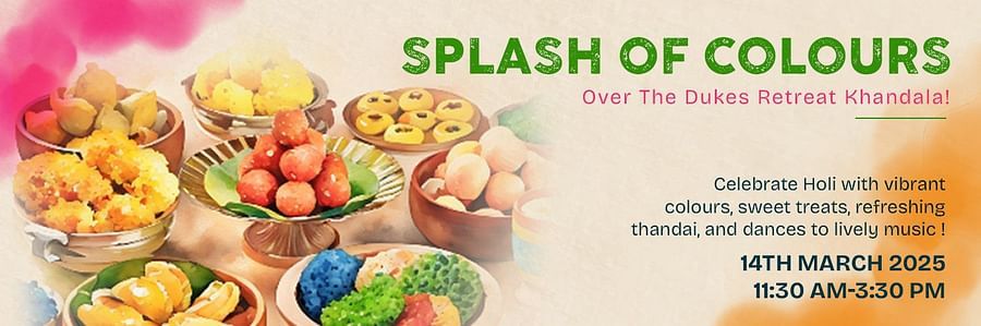 Holi-themed creative image showcasing vibrant festive treats with offer details displayed