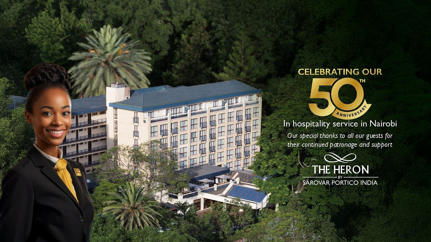 50 years celebration web banner for The Heron By Sarovar Portico India with the exterior of the property as the background.