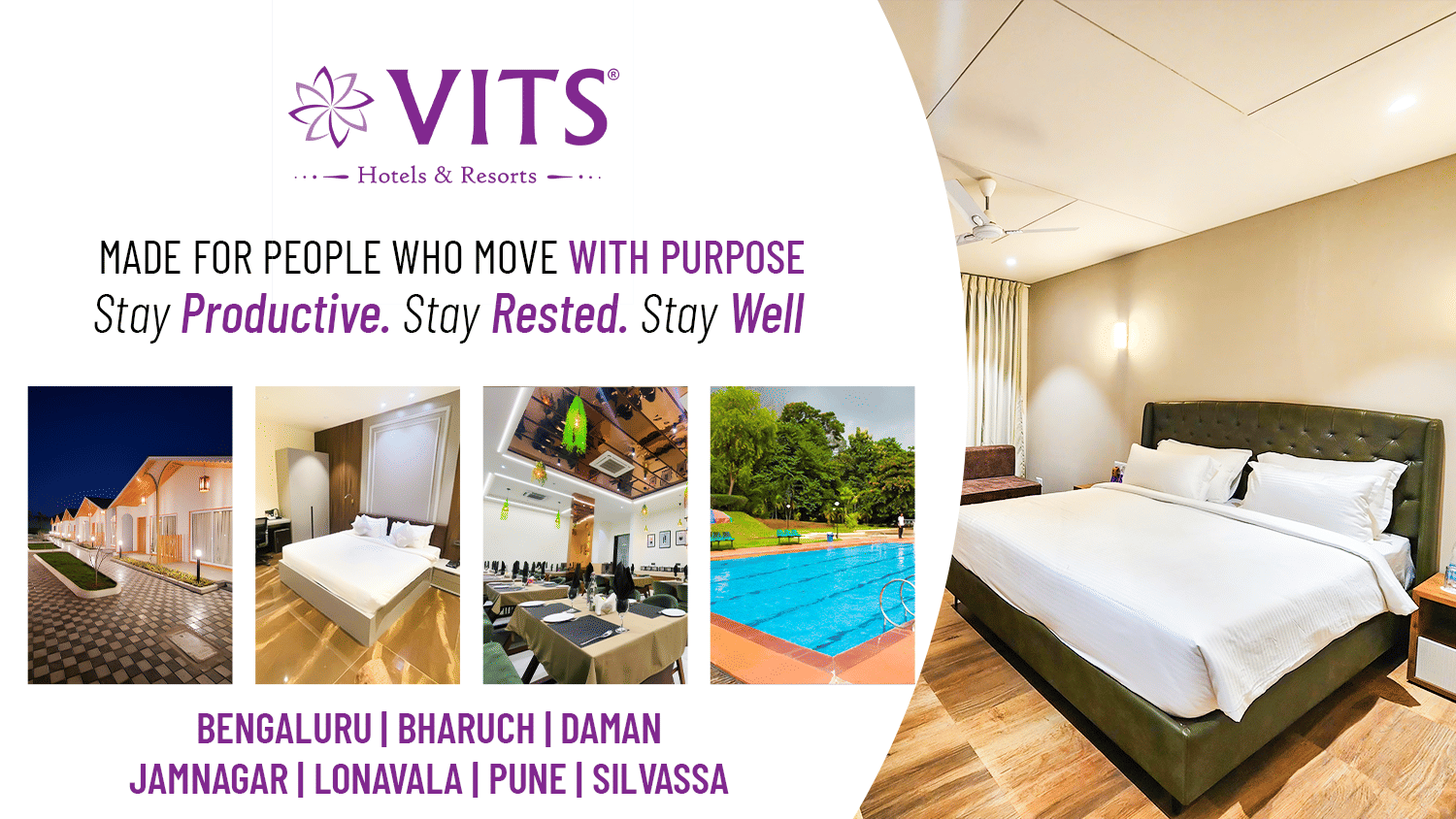 VITS Hotels & Resorts showcasing modern rooms, pool, and dining with the tagline ‘Stay Productive. Stay Rested. Stay Well.’ and locations across India.