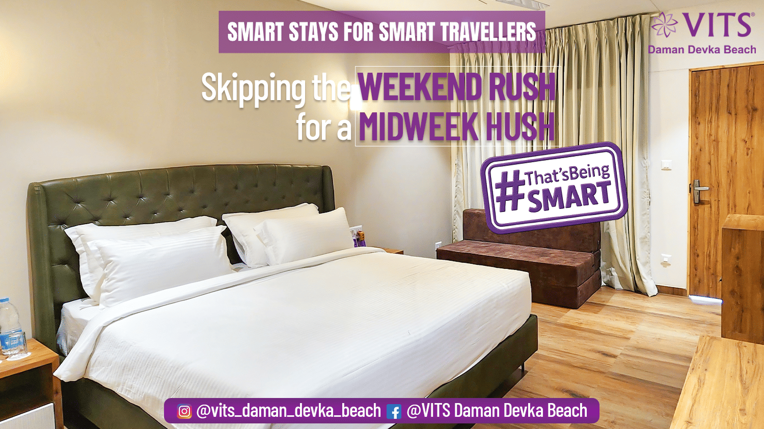 A bedroom at VITS Daman Devka Beach with a neatly made bed under soft lighting on the wooden floor promoting midweek stays for smart travellers