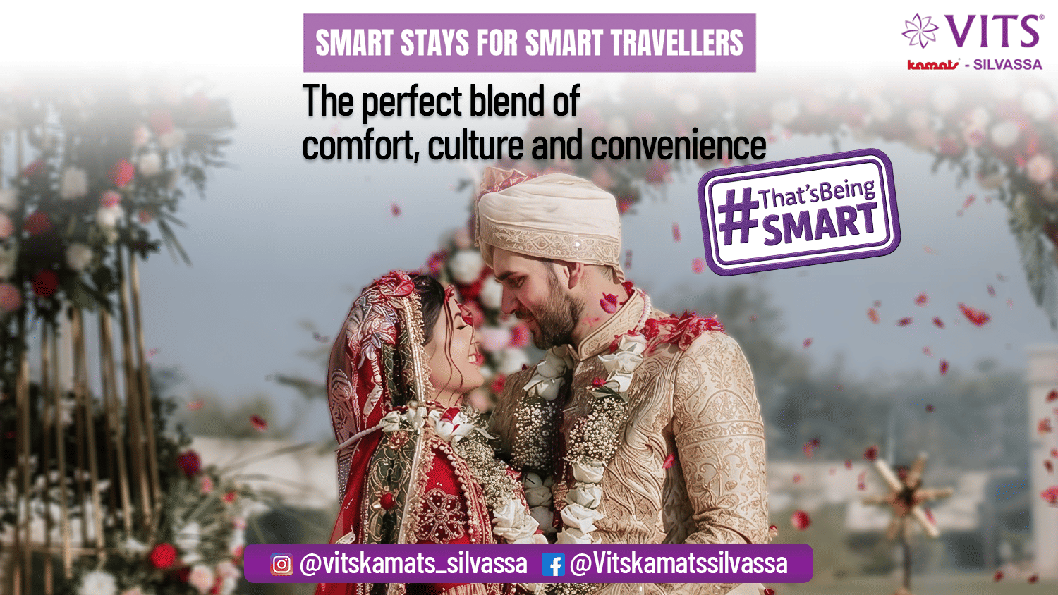 Banner for VITS Kamats Resort, Silvassa featuring a traditional Indian bride and groom with garlands on their necks and the text saying - The perfect blend of comfort, culture and convenience
