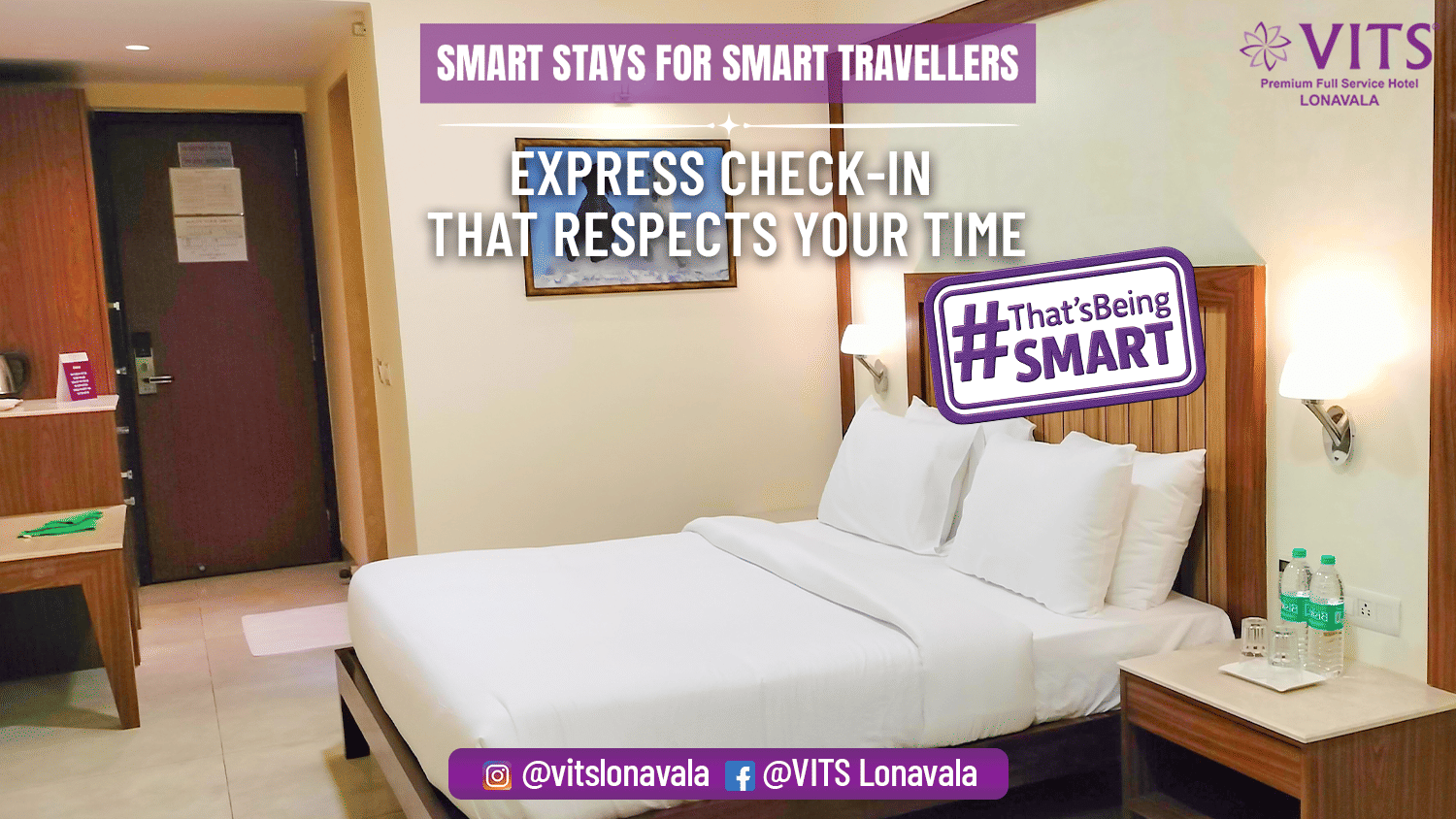 A bedroom with a neatly made bed with a cushiony headboard and water bottles on the nightstand and the texts highlighting convenient express check-in at VITS Lonavala