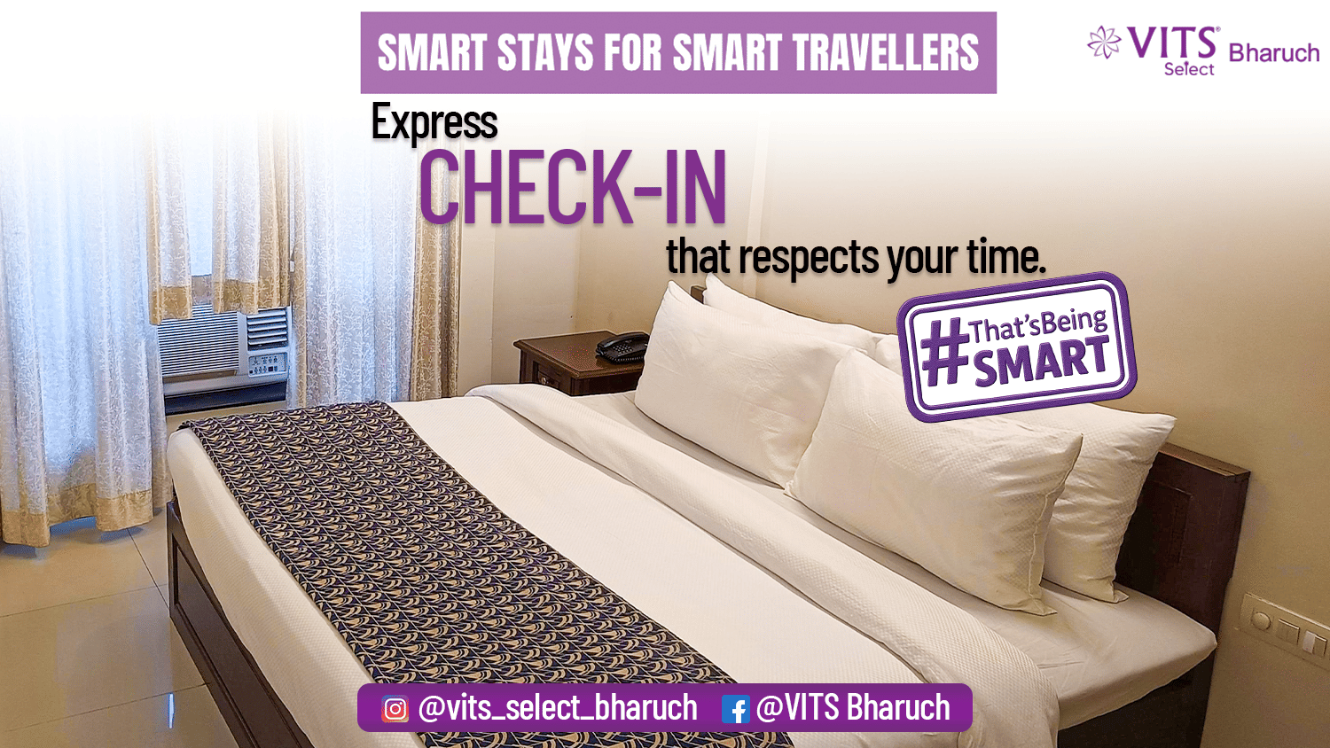Banner for VITS Select, Bharuch featuring a plush bed by a window and text highlighting Express Check-in for smart travellers