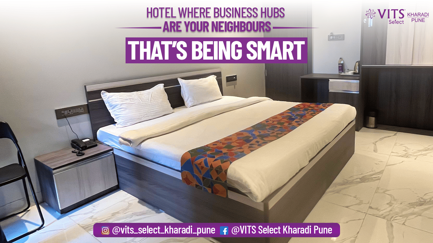 Smartly designed modern hotel room at VITS Select Kharadi Pune offering stylish interiors plush bedding and thoughtful amenities for a comfortable and relaxing stay experience.