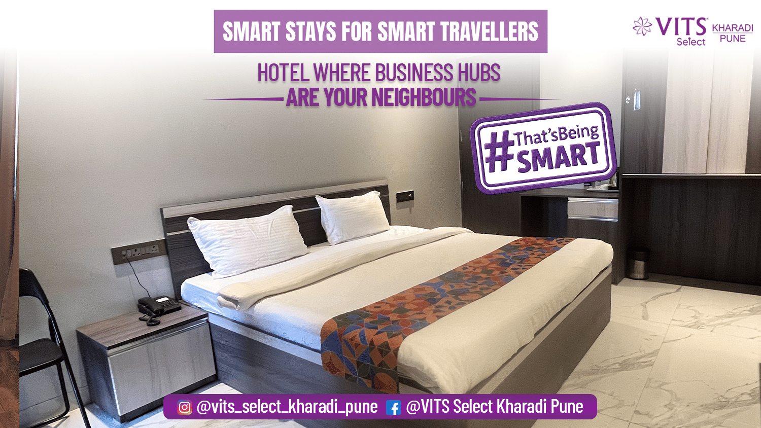 Banner for VITS Select Kharadi, Pune featuring a plush bed and a telephone on the nightstand and texts highlighting the proximity of the proeprty to the business hubs