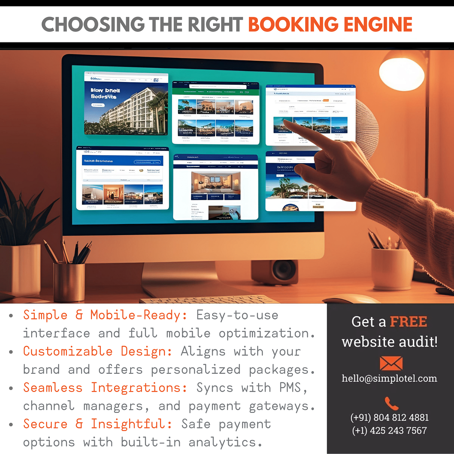Infographic showcasing a mobile-ready, customizable hotel booking engine with seamless integrations, real-time rates, and free website audit offer