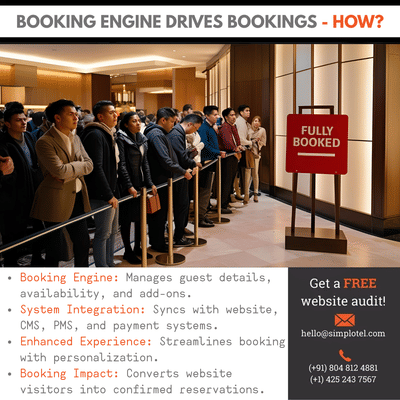 Hotel guests queue in front of a Fully Booked sign with booking engine benefits listed - managing guest details, syncing systems, enhancing experience, and converting visitors to bookings