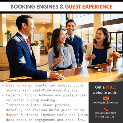 Image of hotel staff and guests interacting happily, highlighting fast booking, real-time availability, and free website audit to enhance guest experience.