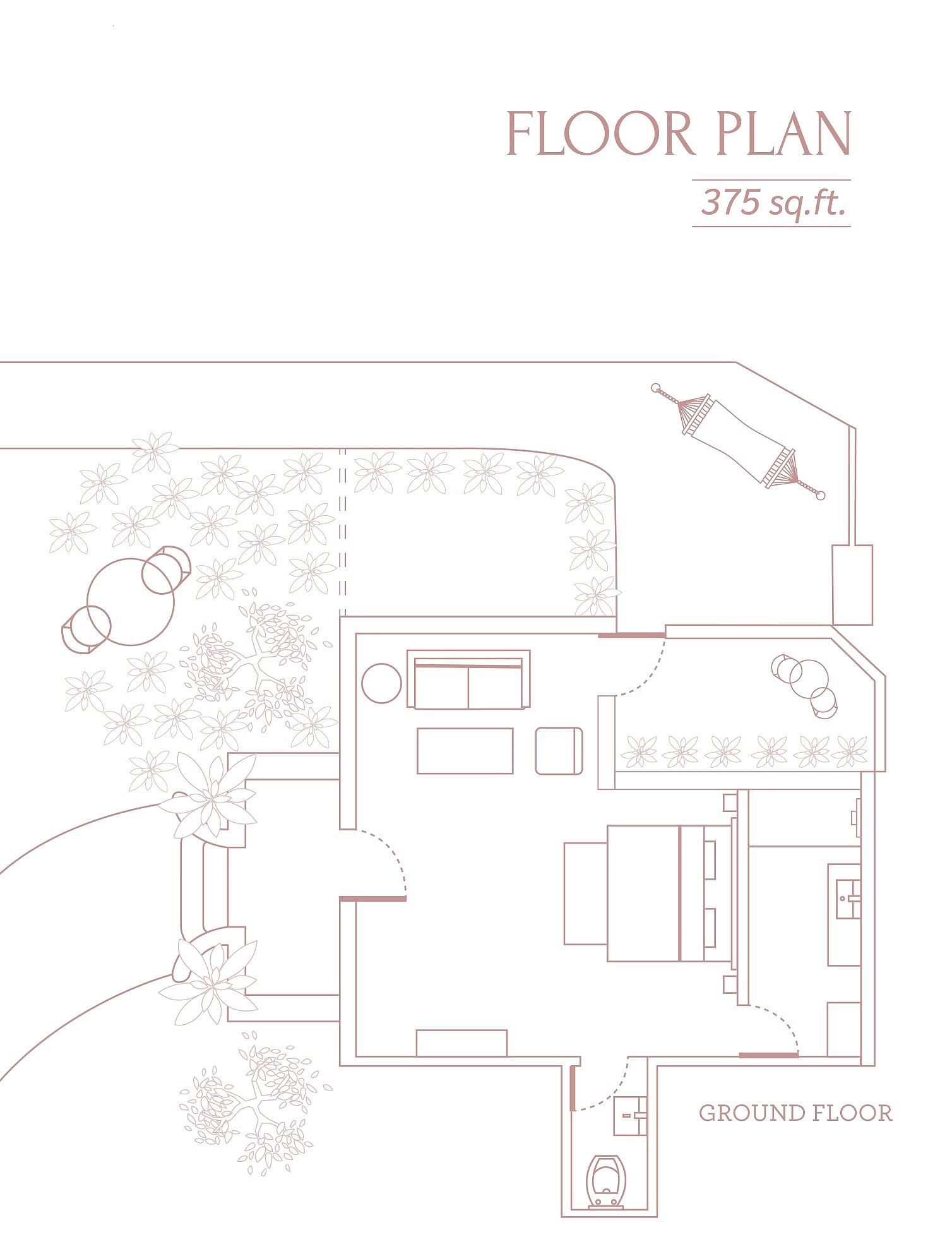 Rabbits burrow floor plan layout showing the property map and structures within Karma Chalets.