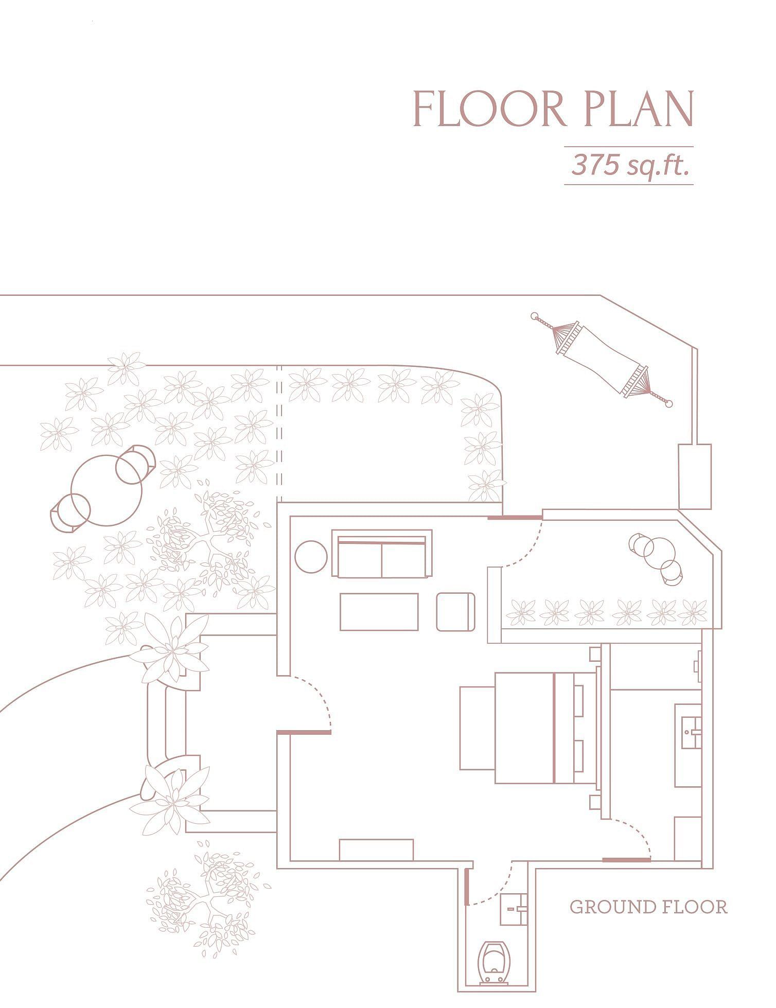 Rabbits burrow floor plan layout showing the property map and structures within Karma Chalets.