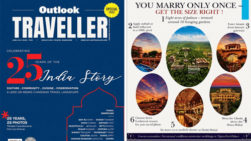 A media article from Outlook Traveller highlighting Tijara Fort-Palace by Neemrana Hotels as a premier wedding destination.