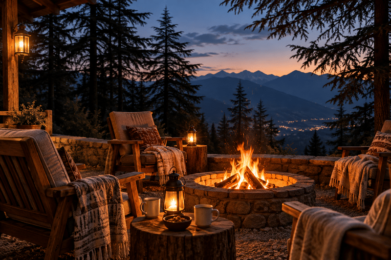 Bonfire evening under deodar trees at a Kavin Hotels property