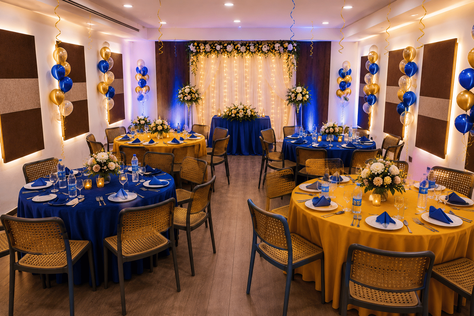 The banquet hall set for a celebration with round tables, floral centrepieces and balloon d&eacute;cor at Rossedale Suites & Hotel in Peelamedu, Coimbatore