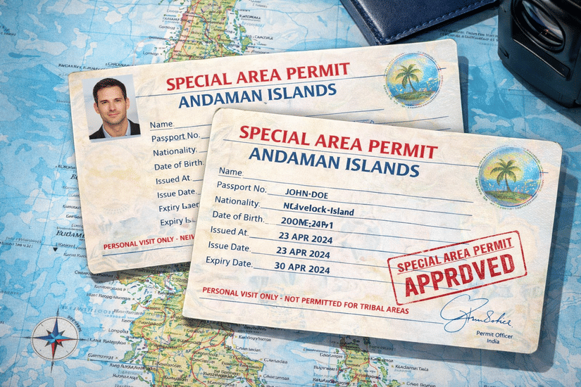 2 cards laid out on a map for Special Area Permit to Andaman Islands with the approved stamp