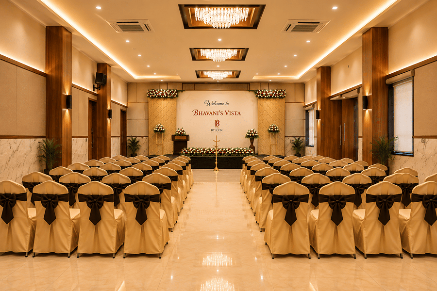 Event hall arranged theatre-style with rows of covered chairs facing a stage at Bhavani's Vista By Icon, Hosur.   