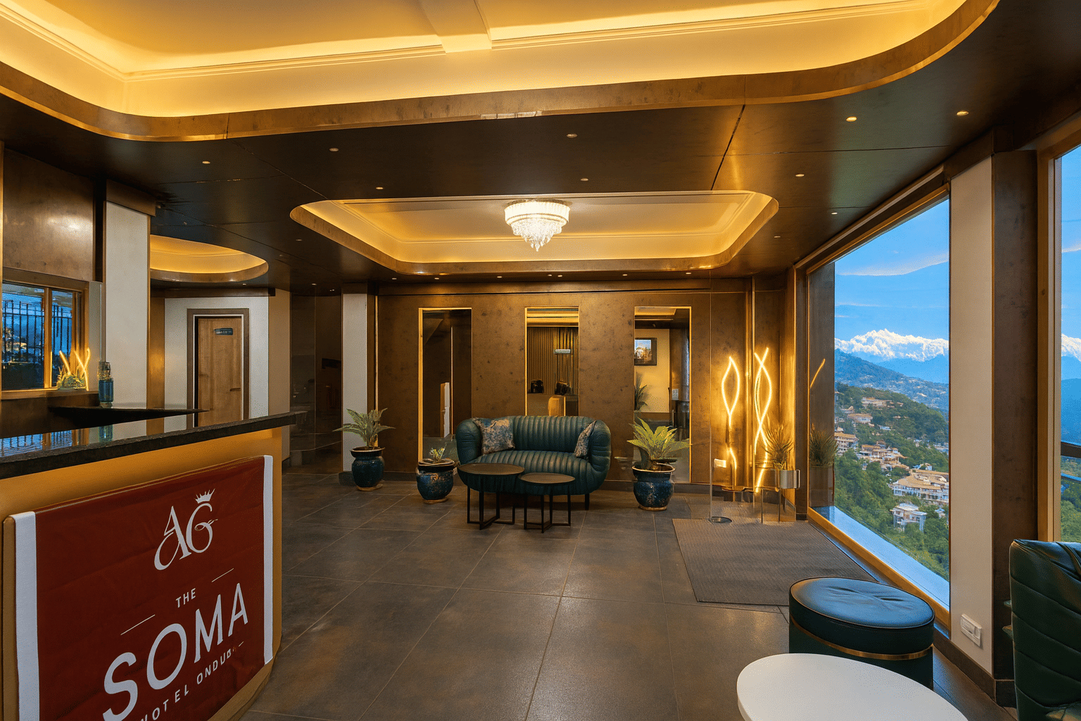 Luxury hotel lobby and reception area in Darjeeling with chandelier lighting, modern seating, elegant interiors, and large window showcasing panoramic mountain views