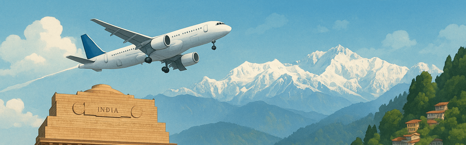 A stunning digital artwork showing an airplane flying over India Gate in Delhi, transitioning into the scenic mountain city of Darjeeling with colorful hillside houses and snow-capped Kanchenjunga peaks in the background.