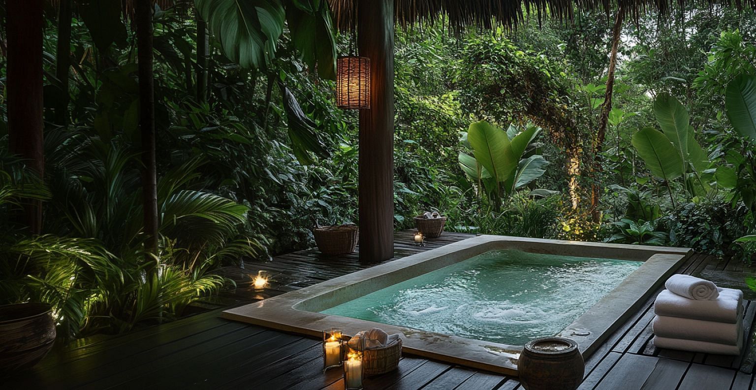 An outdoor plunge pool surrounded by a wooden deck amidst greenery