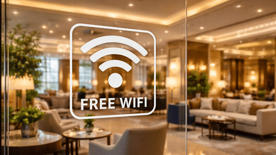 Free Wi-Fi sign on glass with a hotel lobby in the background
