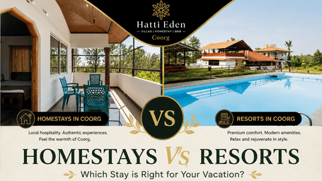 Homestays vs resorts in Coorg—which stay is right for your vacation featuring images of Hatti Eden Pool and Room