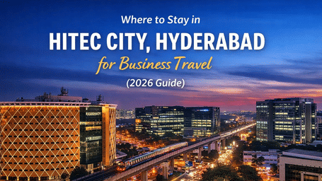 Illuminated cityscape of HITEC City Hyderabad showcasing accommodation choices for business travel in 2026.