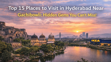 Promotional image of Hyderabad attractions near Gachibowli showing lake, greenery and IKEA store in background.