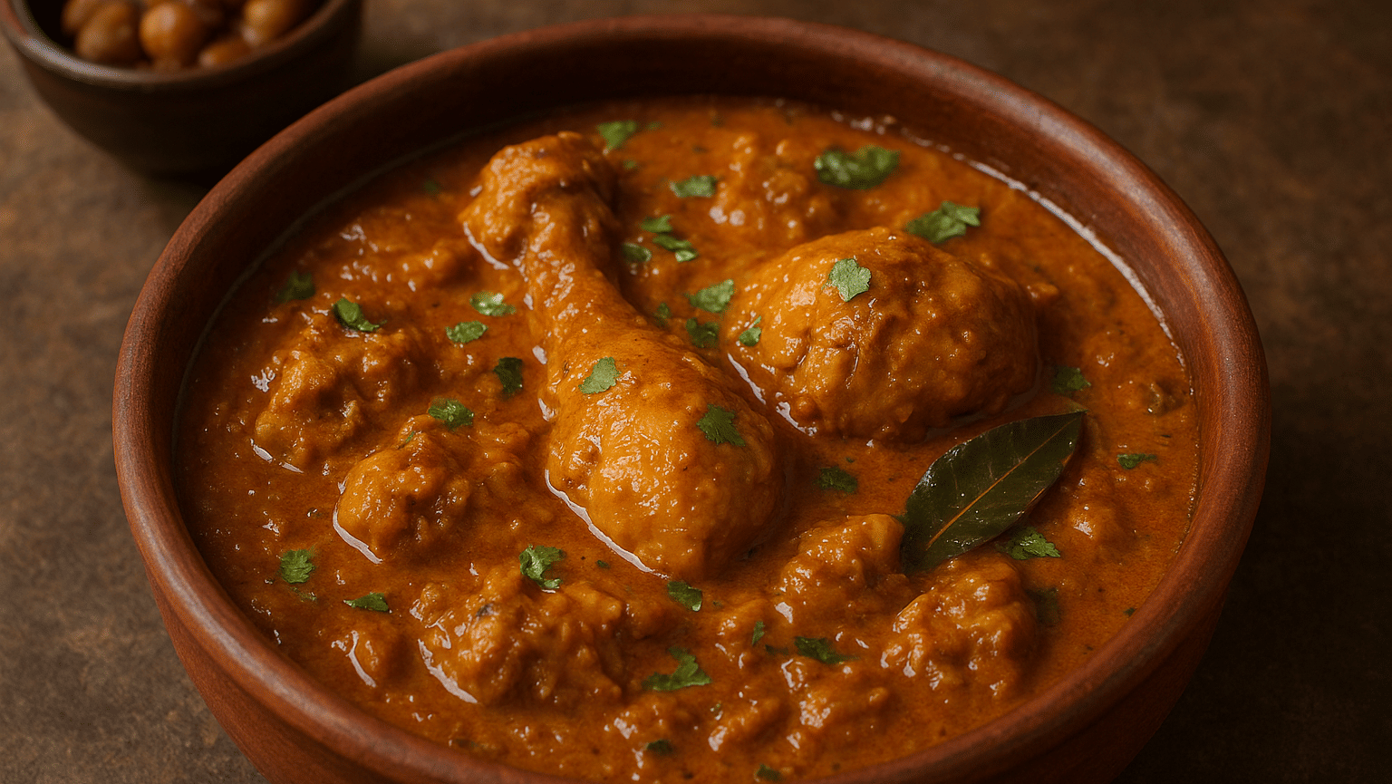 A bowl of Indian Chicken Dak Bungalow garnished with coriander and bay leaf.