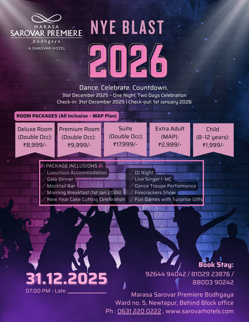 Two days and one night of new year celebration at Marasa Sarovar Premiere Bodhgaya which includes discount on room rates, DJ night, gala dinner,  live singing and much more.