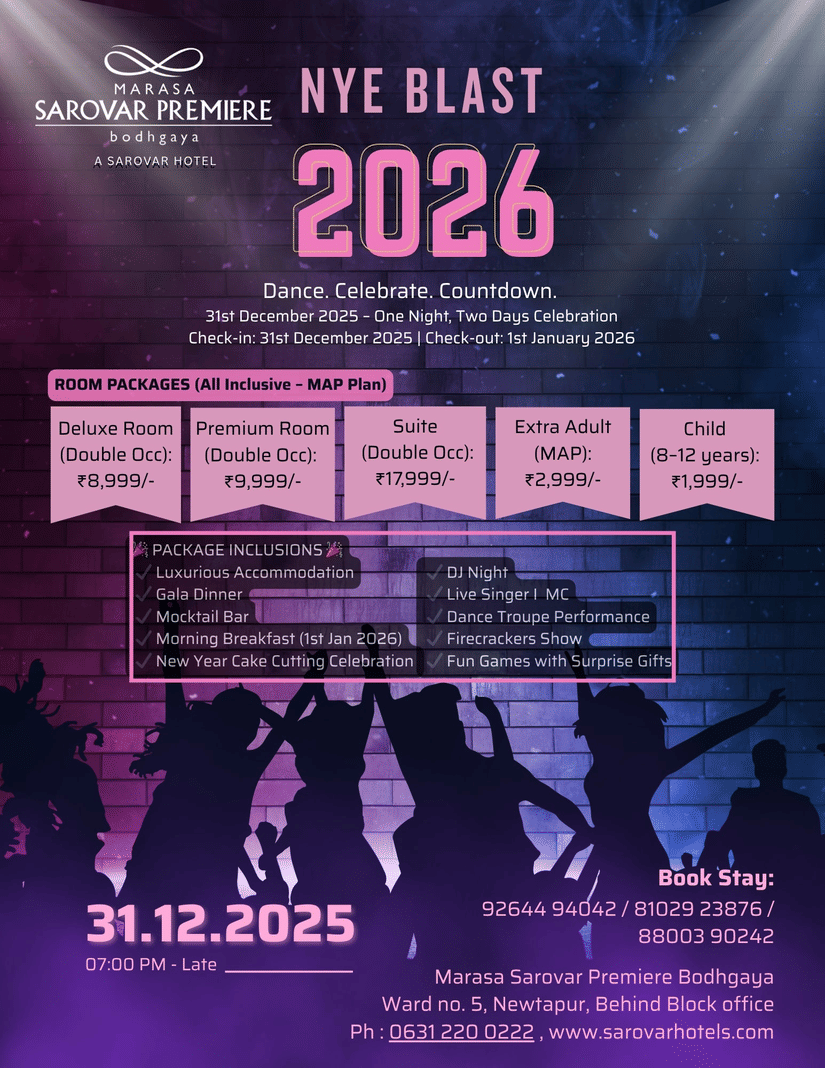 Two days and one night of new year celebration at Marasa Sarovar Premiere Bodhgaya which includes discount on room rates, DJ night, gala dinner,  live singing and much more.