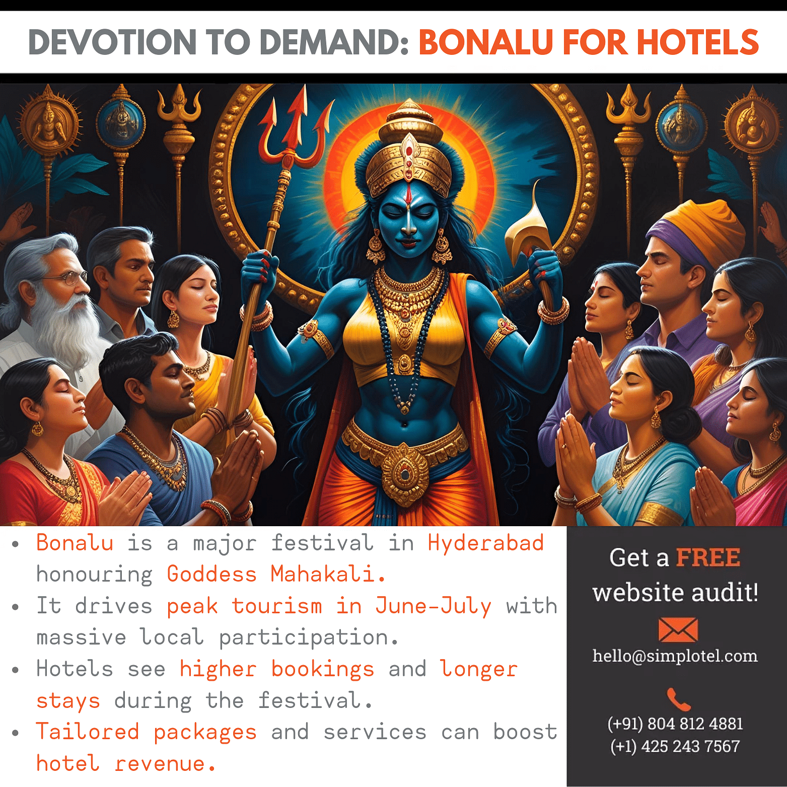 Bonalu festival marketing insights for hotels with visual of Goddess Kali and temple devotees