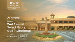 Eye-level view of the traditional architecture of Heritage Village, likely in Rajasthan, hosting the 2nd Annual Select Group Golf Invitational. Sunny day with courtyard and gardens