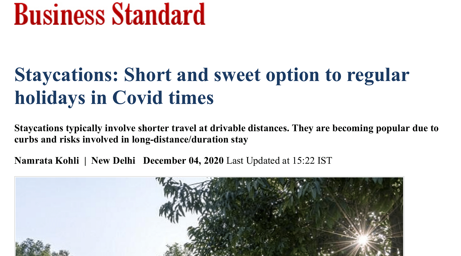 Business Standard article on staycations during Covid times.