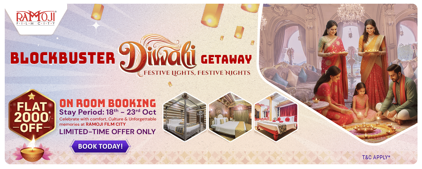 A festive digital banner for a BLOCKBUSTER Diwali GETAWAY promotion. It shows a scene of women in a traditionally decorated setting with lanterns, alongside a callout for FLAT ?2000 OFF on room bookings 