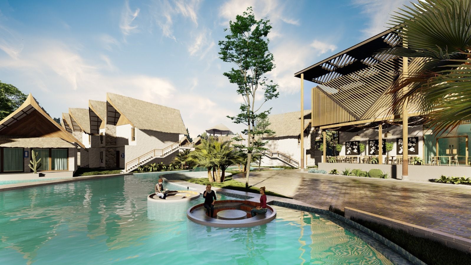 A resort pool area with buildings and trees reflected in the calm water - Avanya Resorts Private Limited, Chennai