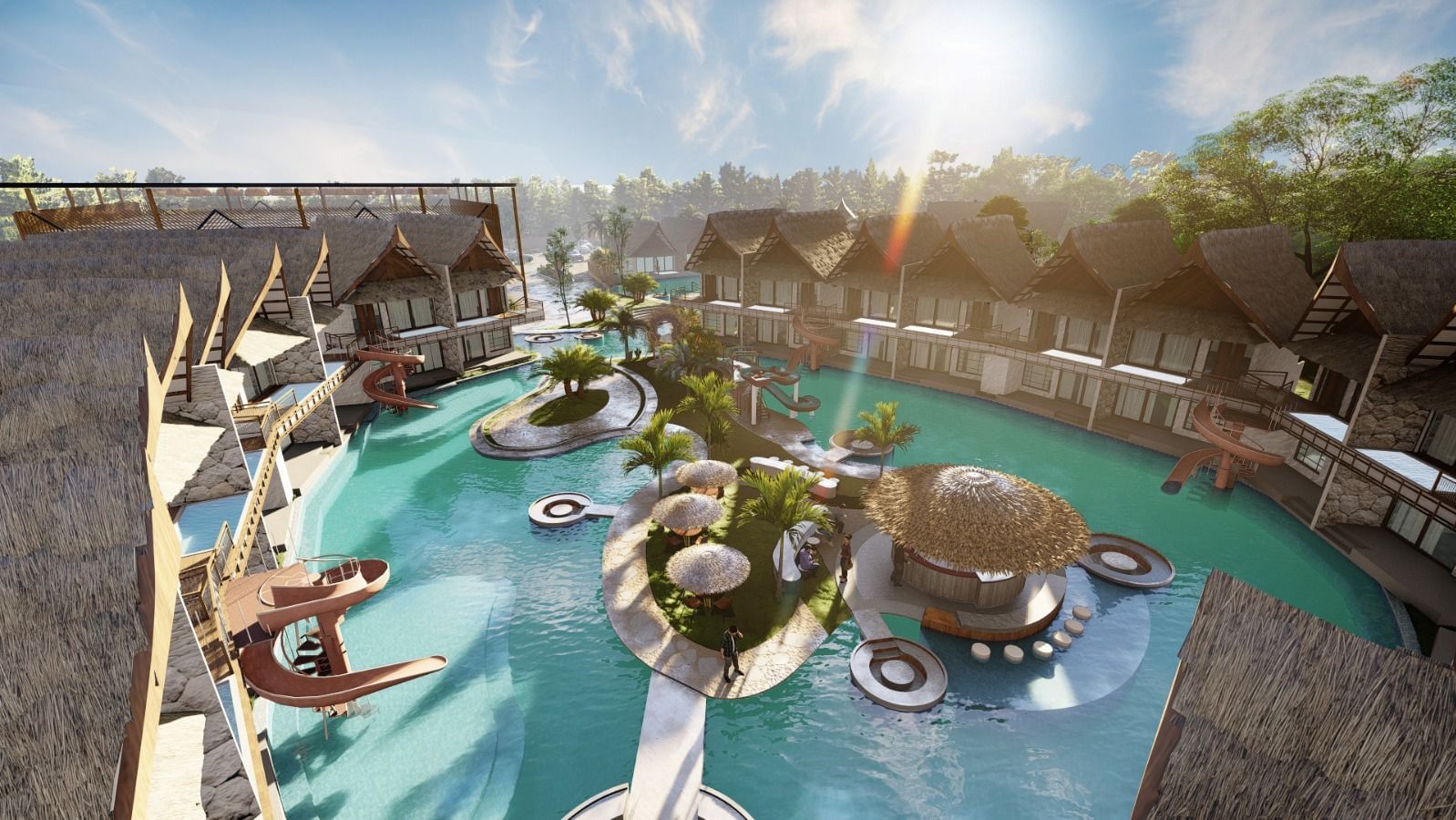 A large, sunlit view of the resort showcasing the buildings and winding pool with lush landscaping - Avanya Resorts Private Limited, Chennai