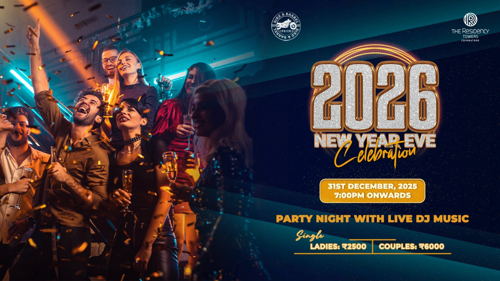 Creative of a Newyear Package 2026 which includes a party night with live DJ music at The Residency Towers Coimbatore on 31st December 2025 from 7 PM onwards. 