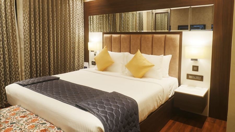 Side corner view of the Premium King with comfy bed. 