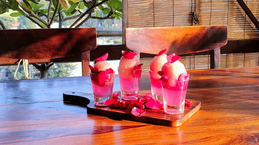 A vibrant serving of pink cocktails presented on a wooden tray, each glass garnished with fruit slices and set on a polished wooden table at Papaya Tree Hotels.