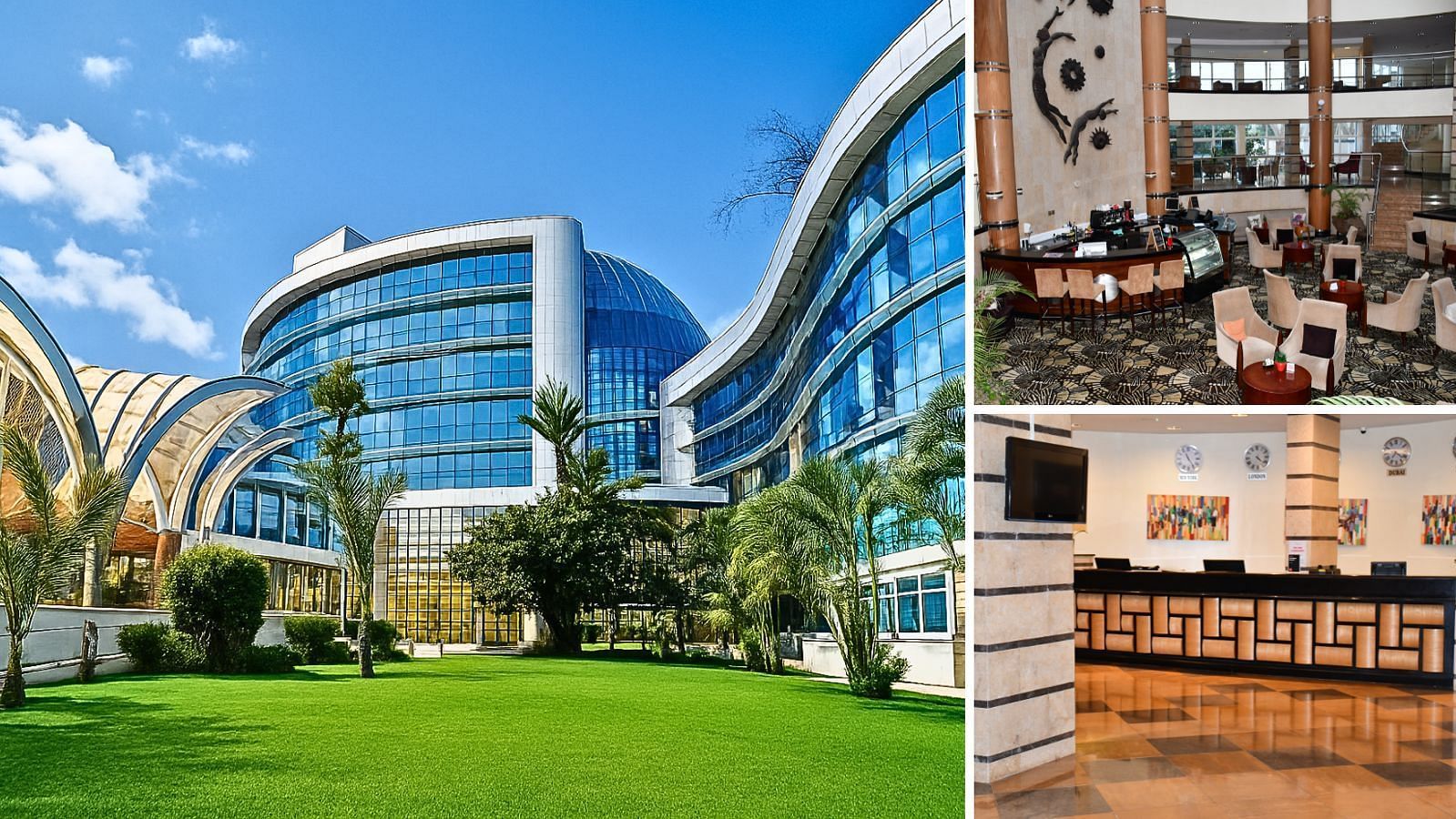 Modern glass facade with arched walkways and manicured lawn at The Boma Nairobi.