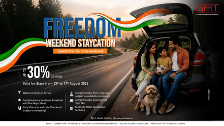 GRT Hotels & Resorts Freedom Weekend Staycation banner featuring a family travelling by car, Independence Day tricolour graphics, up to 30% savings, and stay benefits valid from 13th to 17th August 2026.