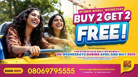 Women enjoying a roller coaster ride at MGM Dizzee World with a promotional banner for the Women Whirl Wednesday Buy 2 Get 2 Free offer valid in April and May 2025