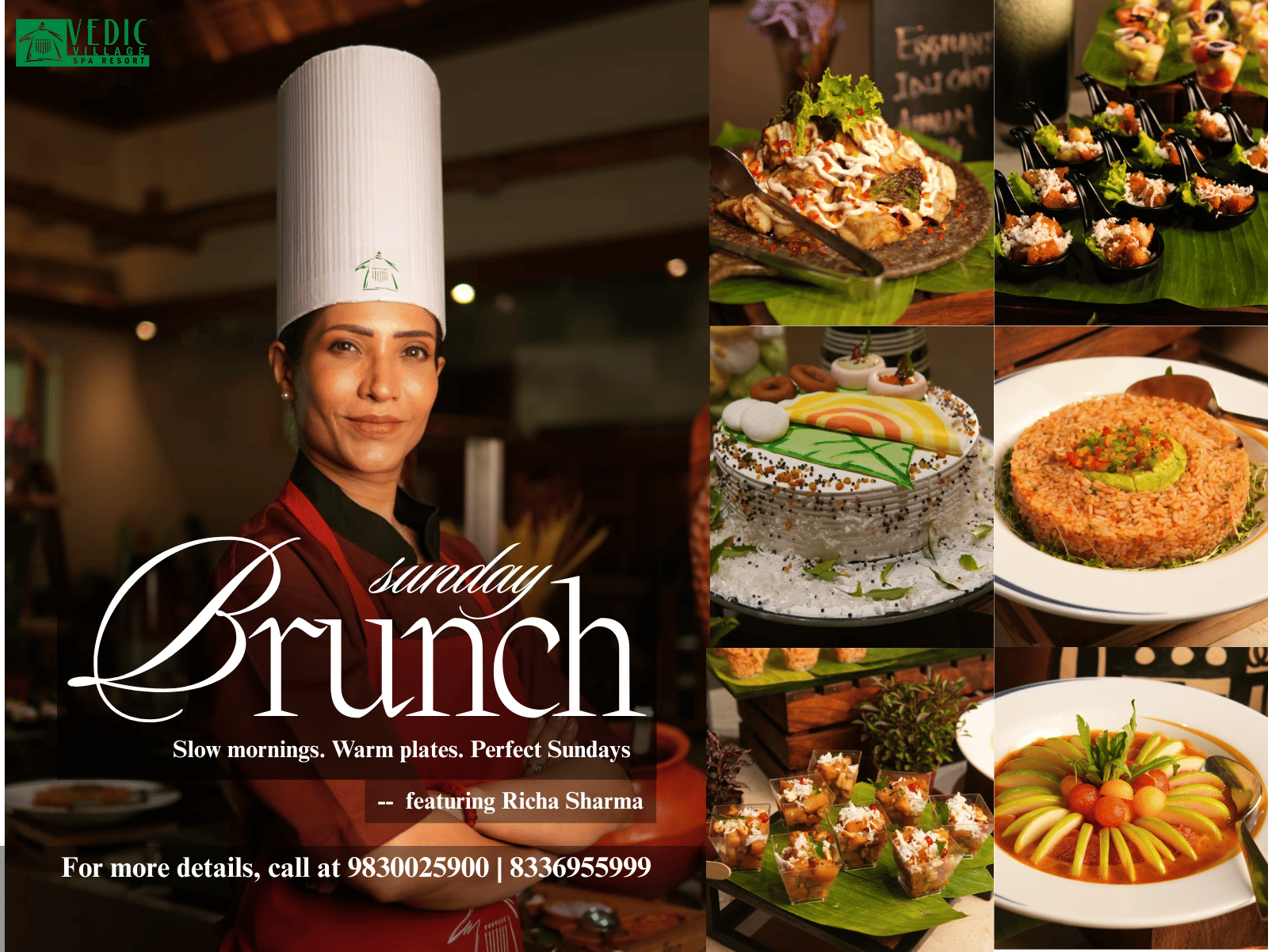 Sunday Brunch promotion poster featuring a chef Richa Sharma in a tall white hat with a lavish buffet spread of festive dishes.