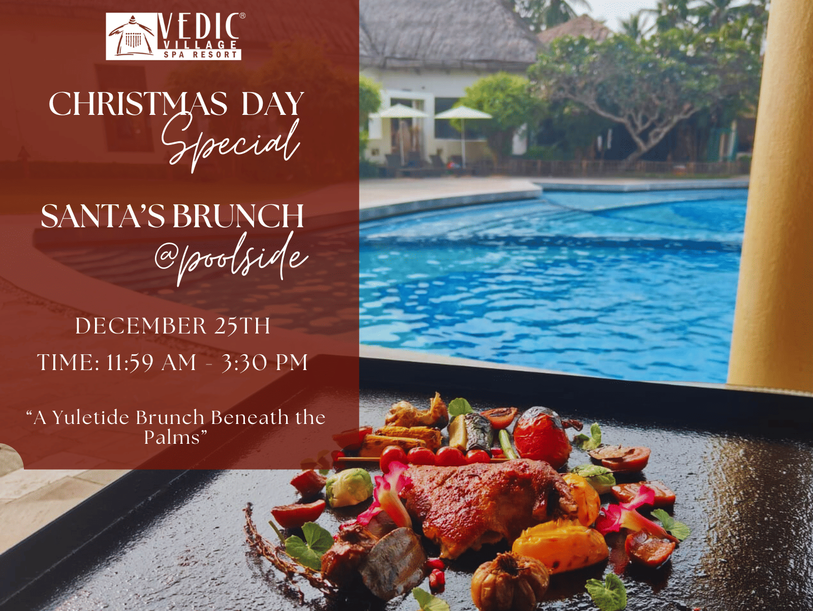Christmas day brunch promotion by the poolside with a close-up of a plate and event information on a red background.