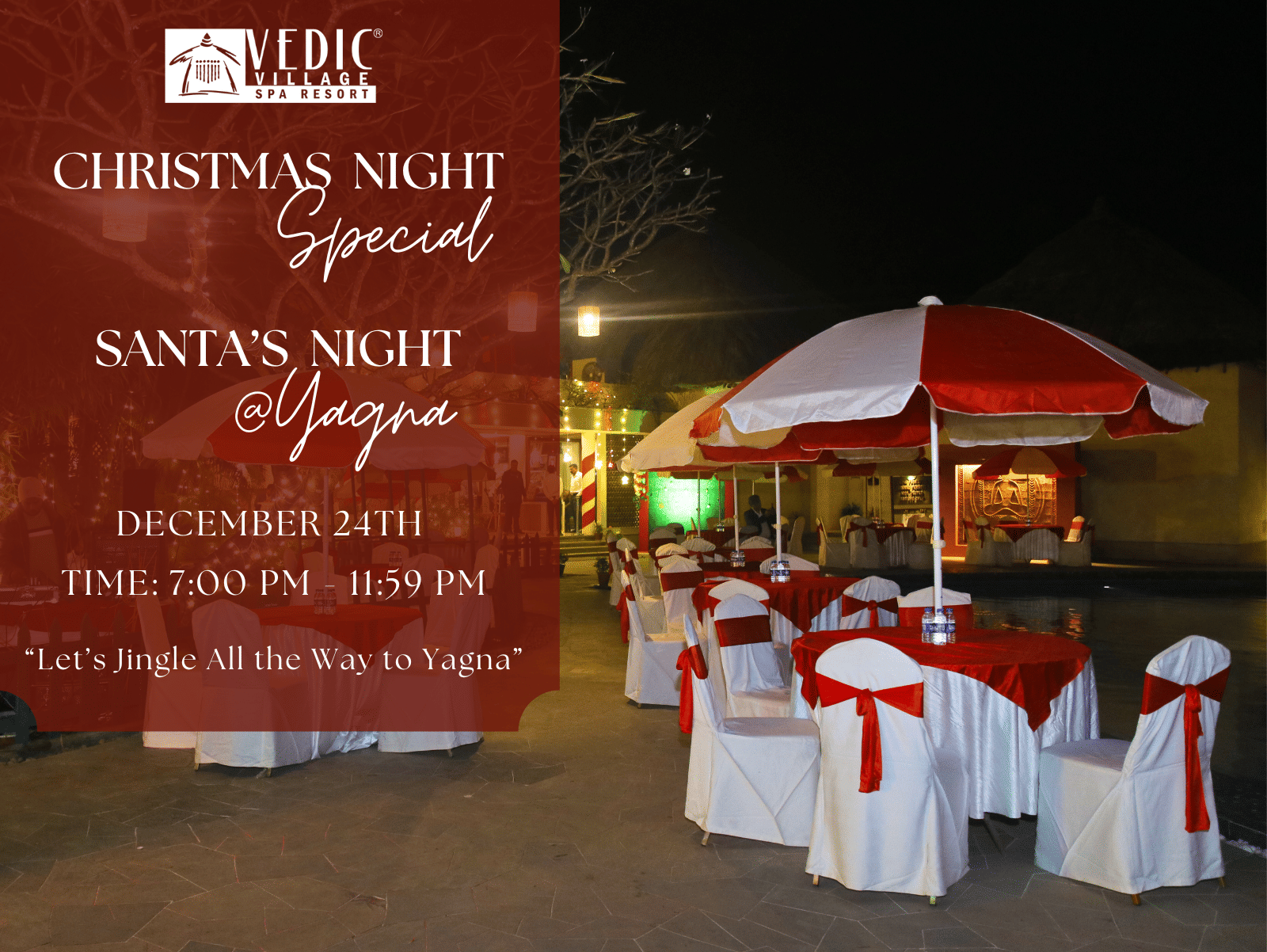 Christmas night special dinner setup at a resort lawn with red-and-white decorated tables and a canopy, alongside event details on a red panel.