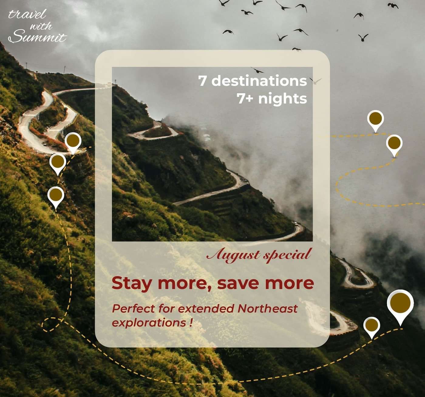 Winding mountain road surrounded by lush greenery and mist, promoting Summit Hotels' August special offer: Stay more, save more for 7+ nights across 7 Northeast destinations.