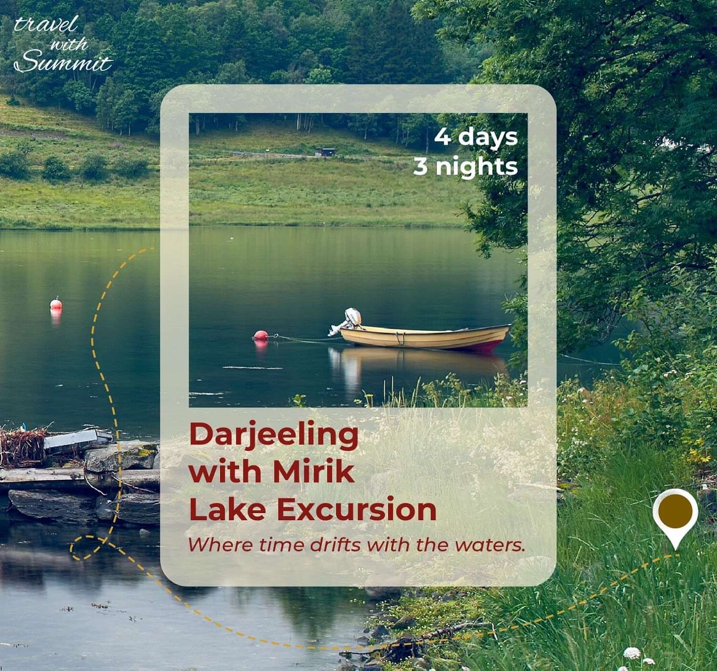 Travel with Summit Hotels and explore Darjeeling with Mirik Lake Excursion, a package for 4 days and 3 nights. In the background there is a lake where boat is floating and near to it there are grass and trees.