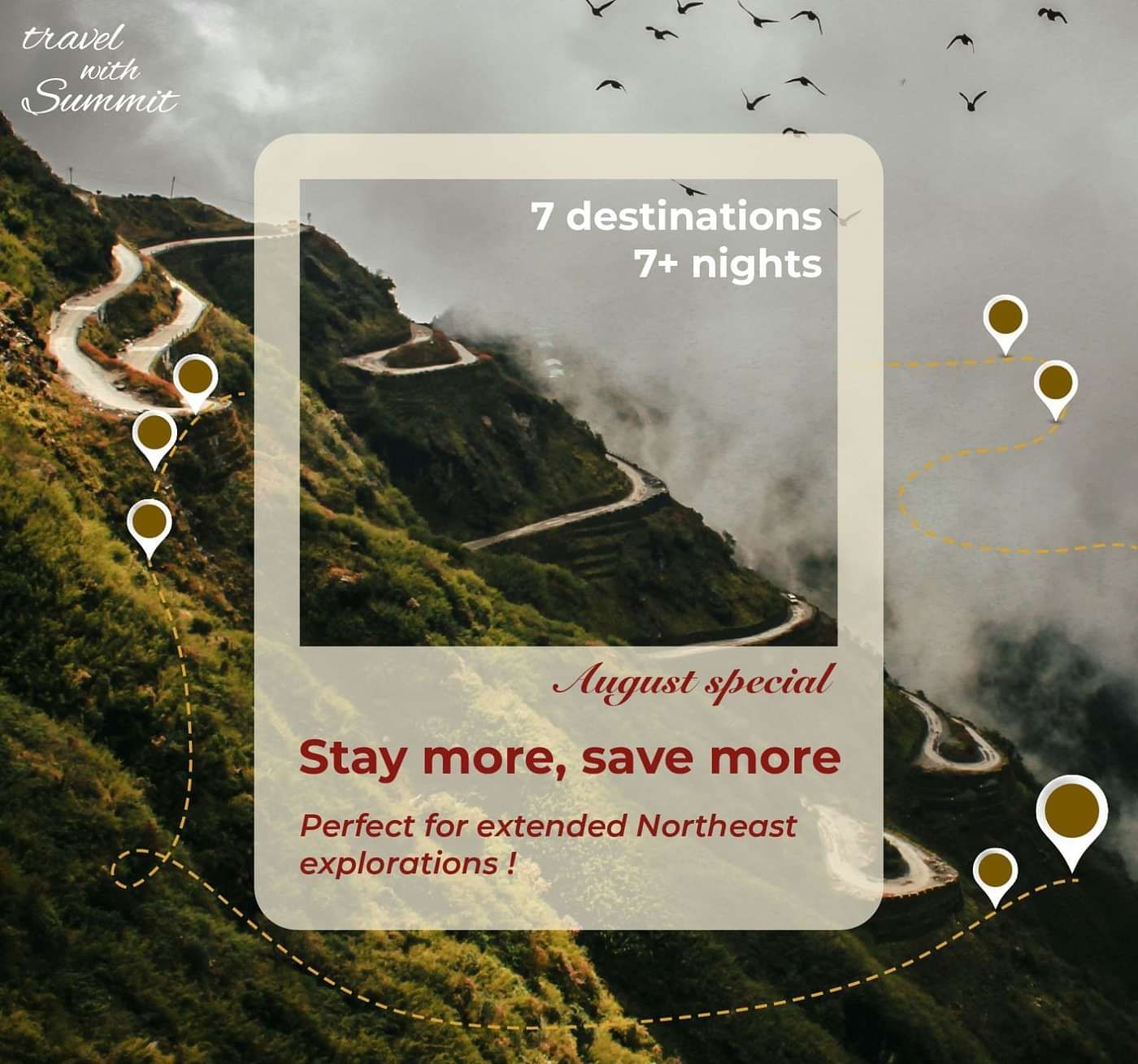Winding mountain road surrounded by lush greenery and mist, promoting Summit Hotels' August special offer: Stay more, save more for 7+ nights across 7 Northeast destinations.