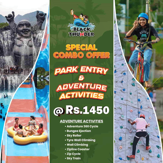 Promotional advertisement for Black Thunder theme park showcasing adventure activities including water slides, raft rides, zip cycle, wall climbing, and a special combo offer.